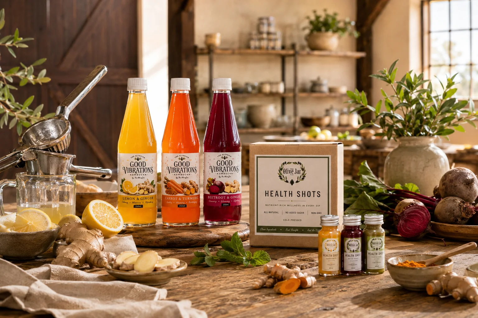Olive Jar kombucha and health shots prepared with fresh ingredients