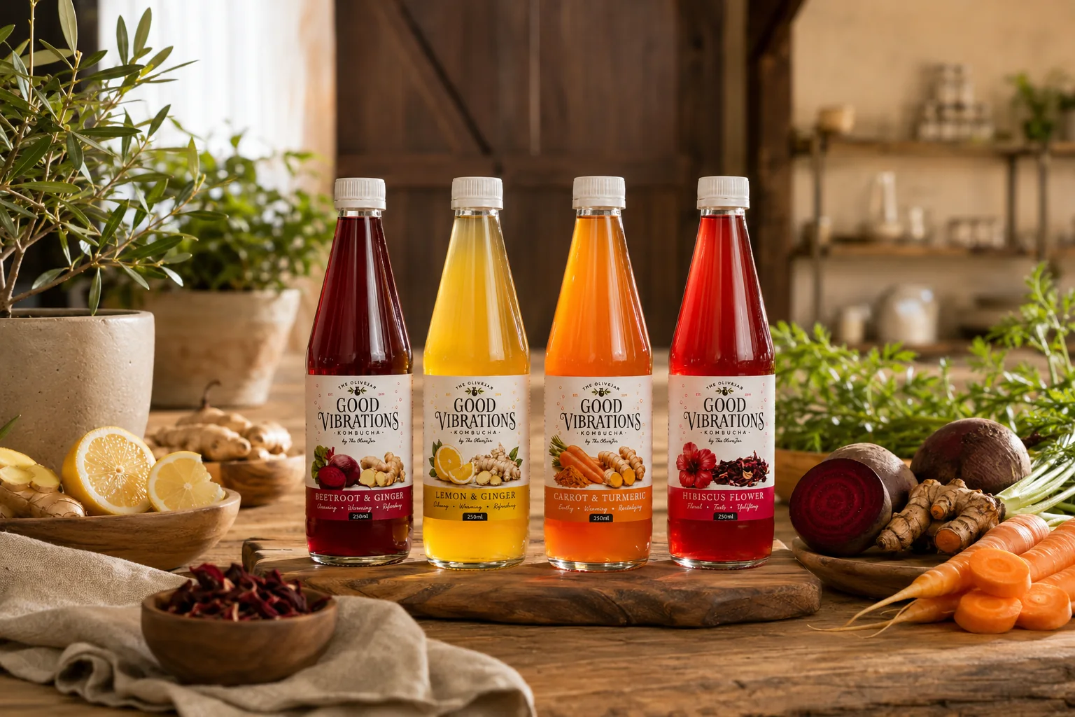 The four Good Vibrations kombucha flavours gathered on a table