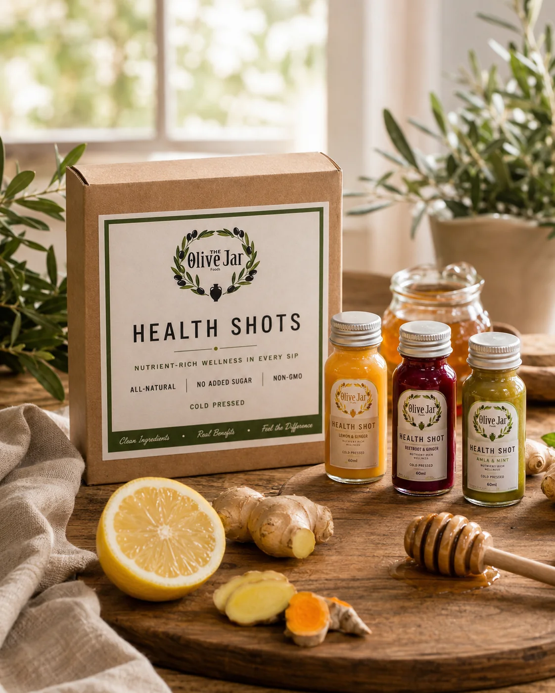 Olive Jar health shots with fresh ginger, turmeric and citrus
