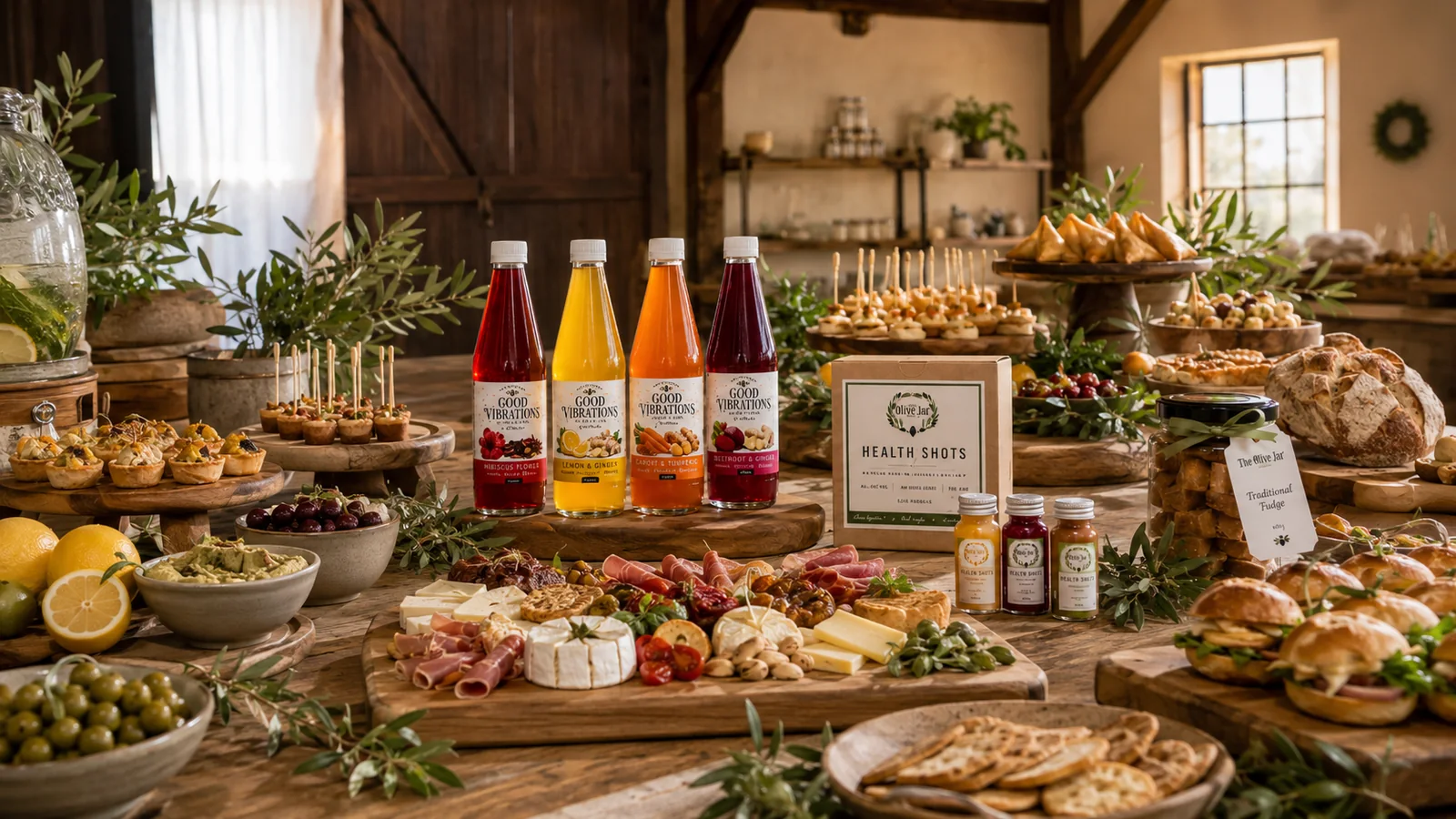 An abundant catering table of canapés, cheeses, breads and salads