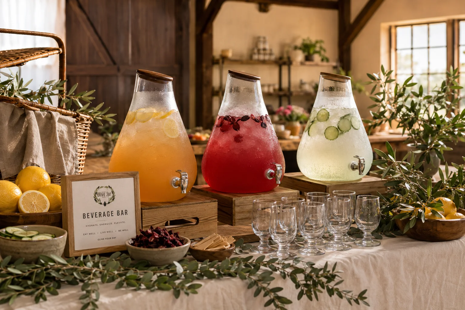 An Olive Jar beverage station prepared for a catered gathering