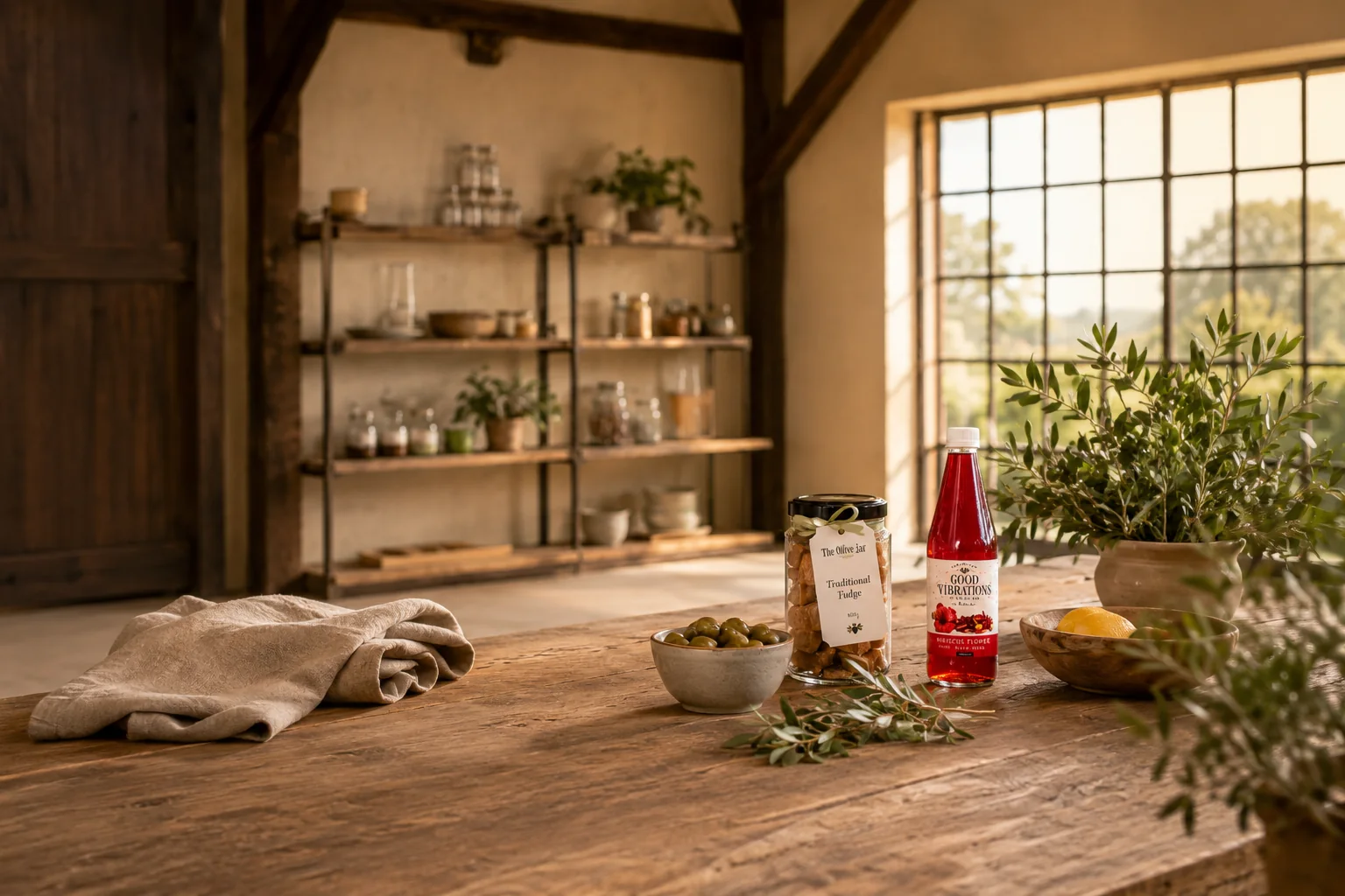 A warm Olive Jar kitchen atmosphere with products and natural ingredients